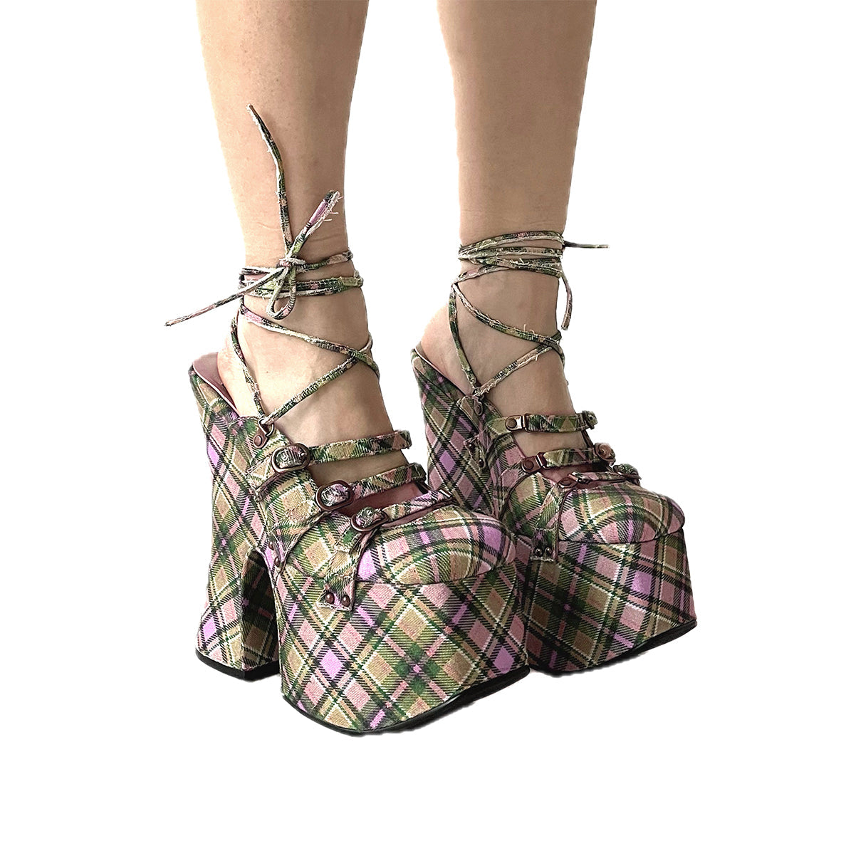 Plaid Twill Lace Up Platform Mules