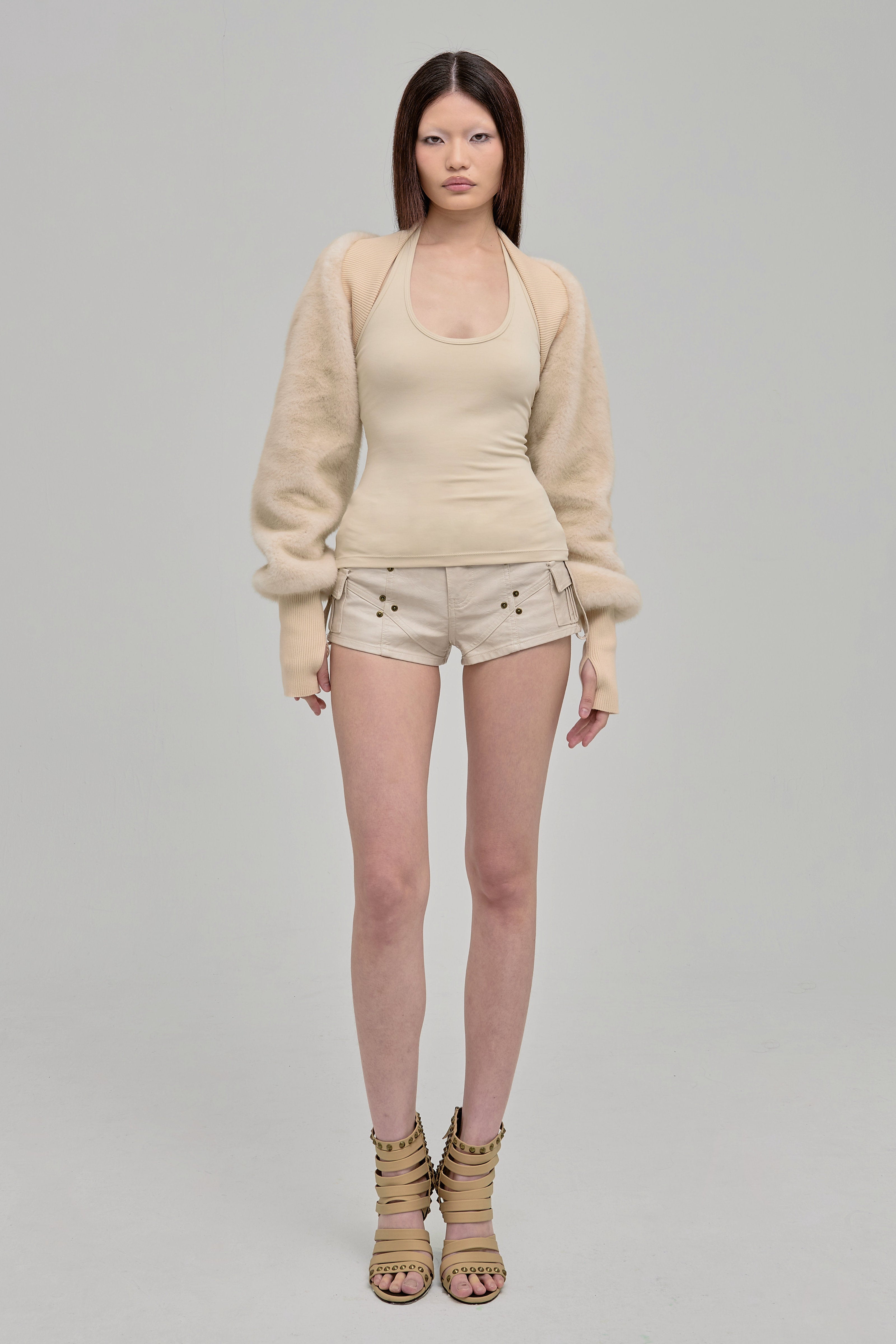 UTILITY MINI SHORTS WITH ZIPPERS BEIGE FULL