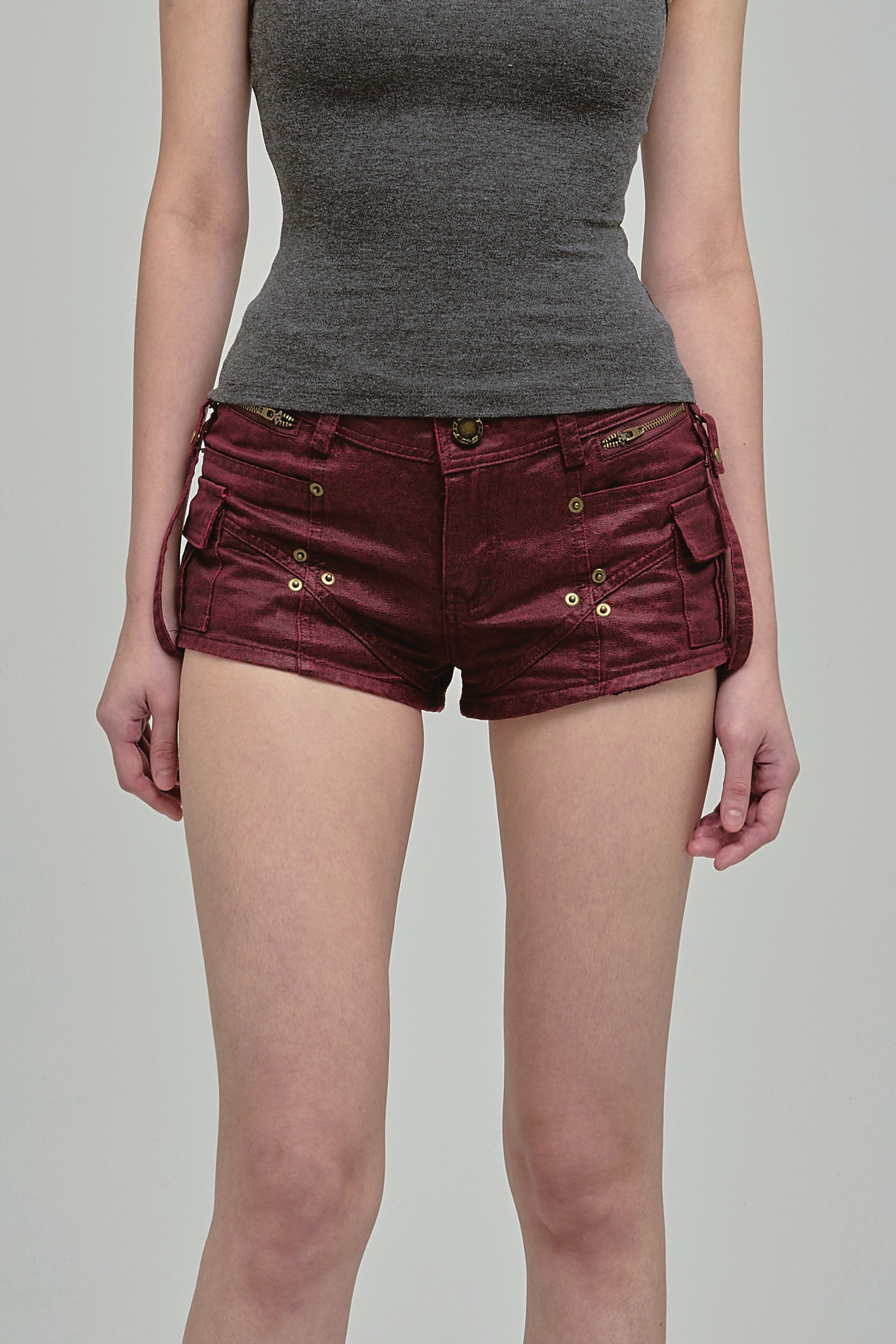 UTILITY MINI SHORTS WITH ZIPPERS MAROON FRONT
