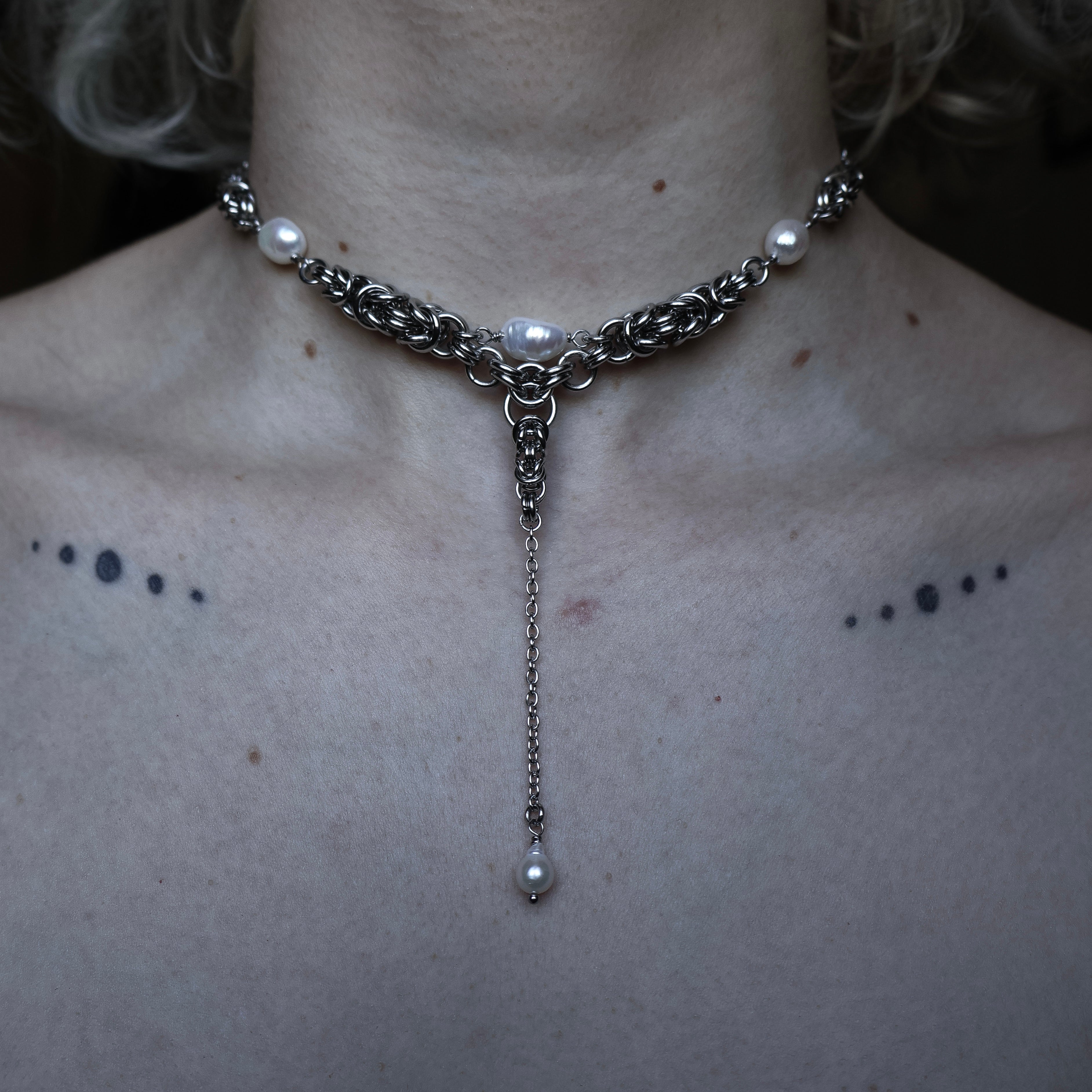 Angelic Pearl Drop. Chainmail Necklace.