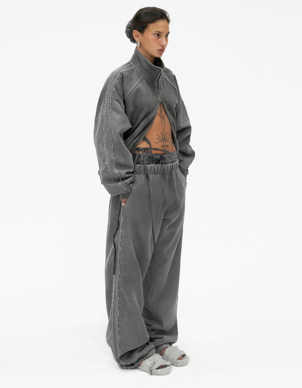 Beaded Track Pants in Washed Grey