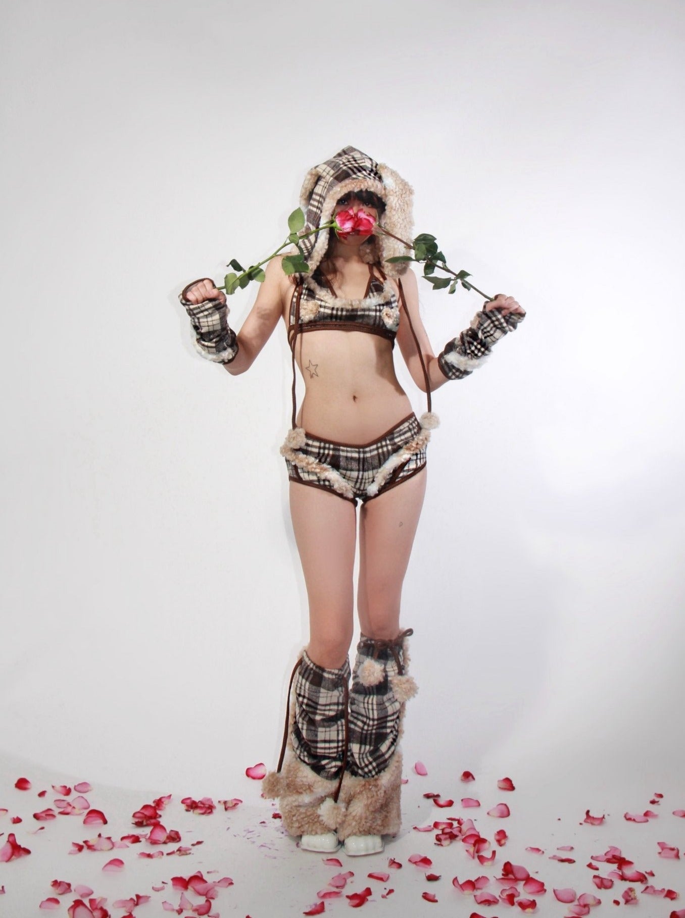 Beige Plaid Bunny Hat