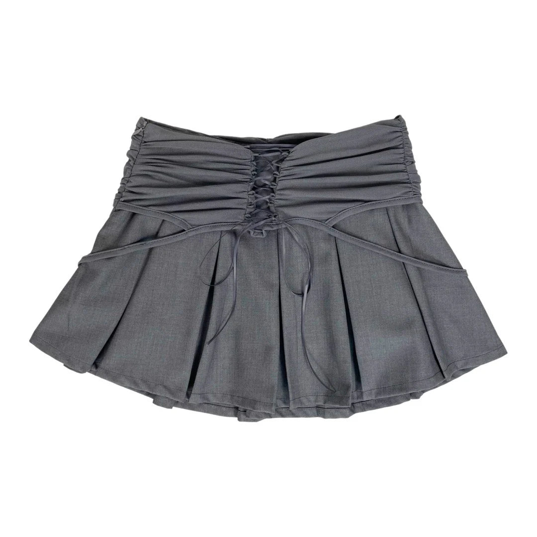 Gray Mesh Lace-up Mini Pleated Skort