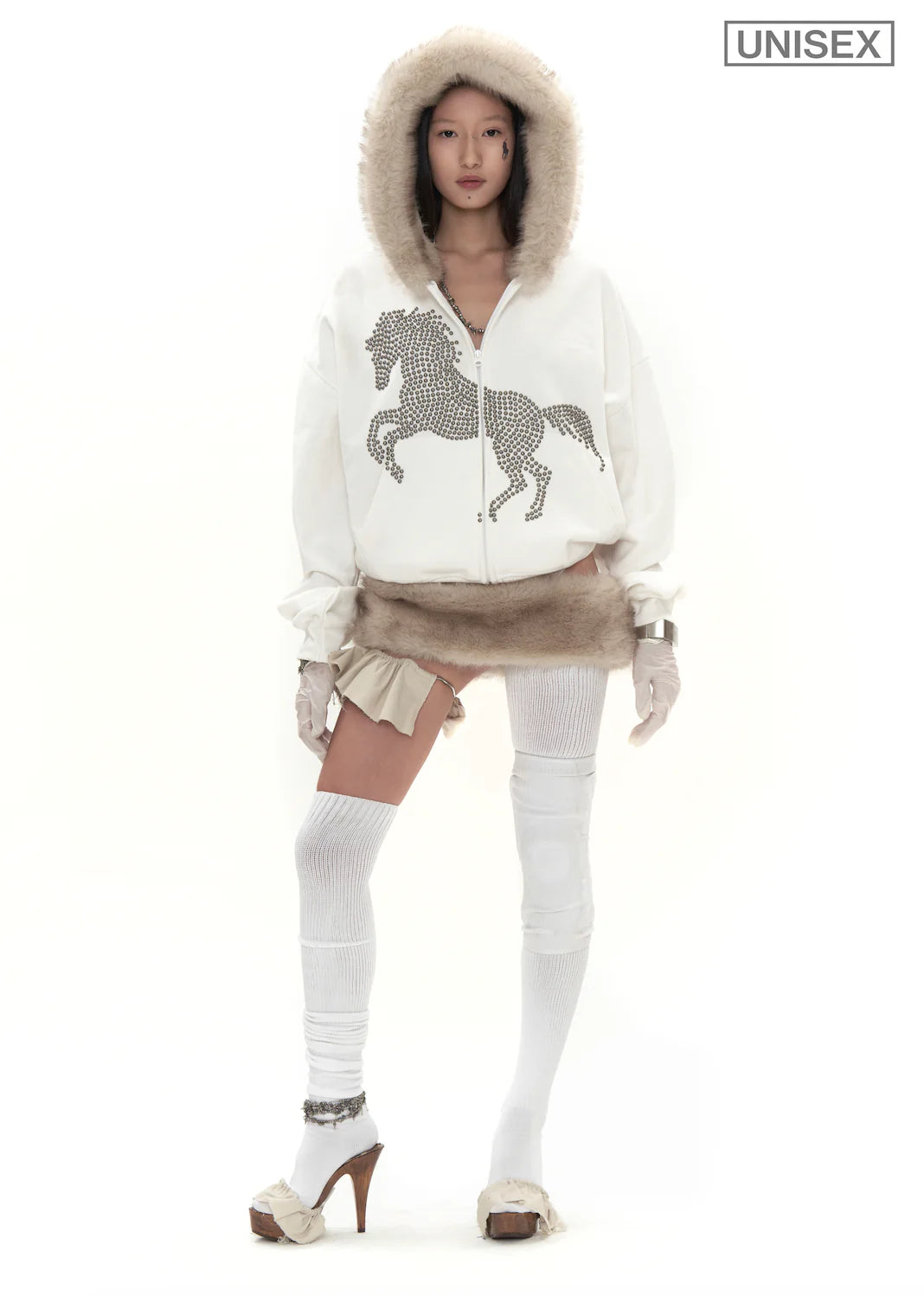 Studded Faux Fur Hoodie in White