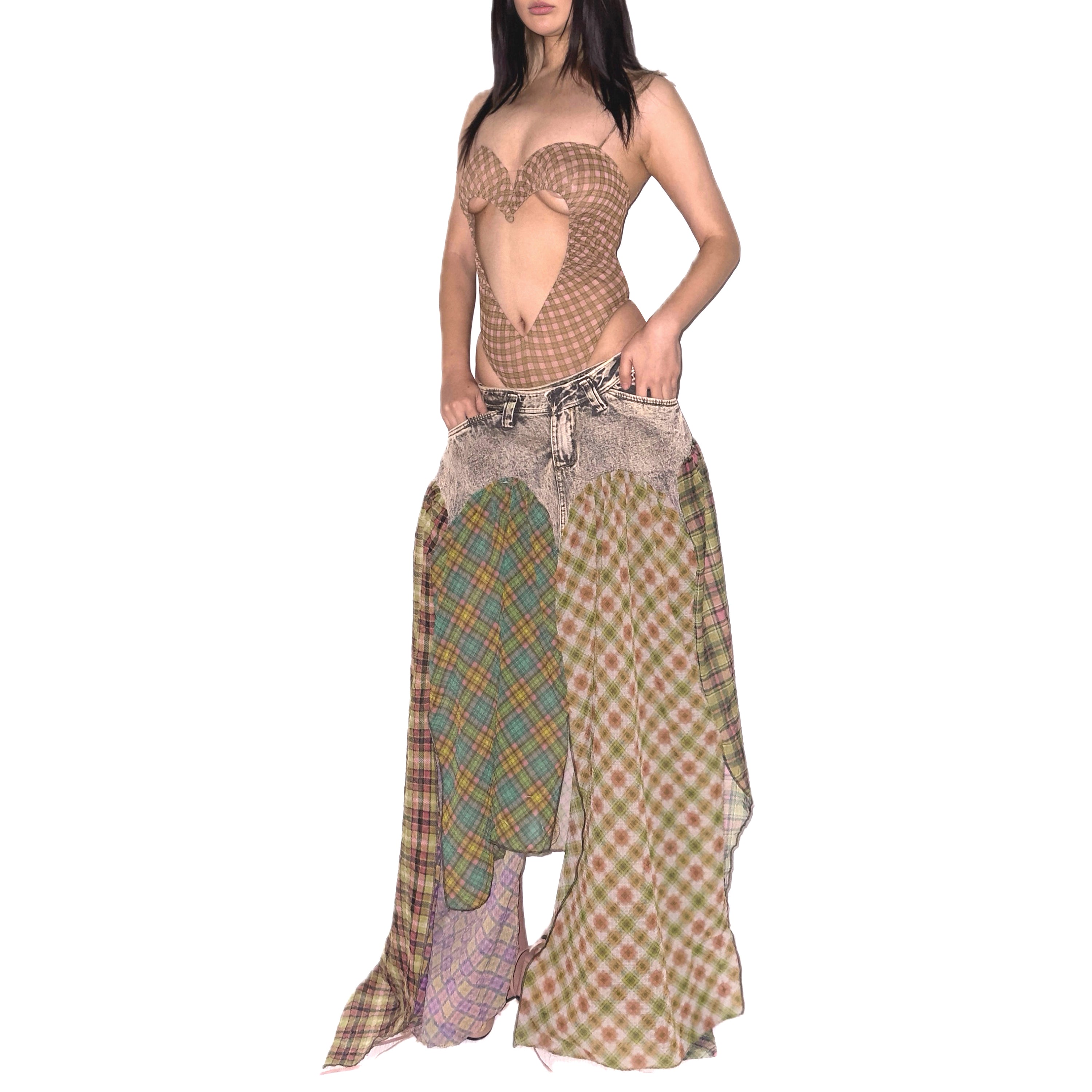 Denim Plaid Patchwork Bubble Chiffon Asymmetrical Maxi Skirt