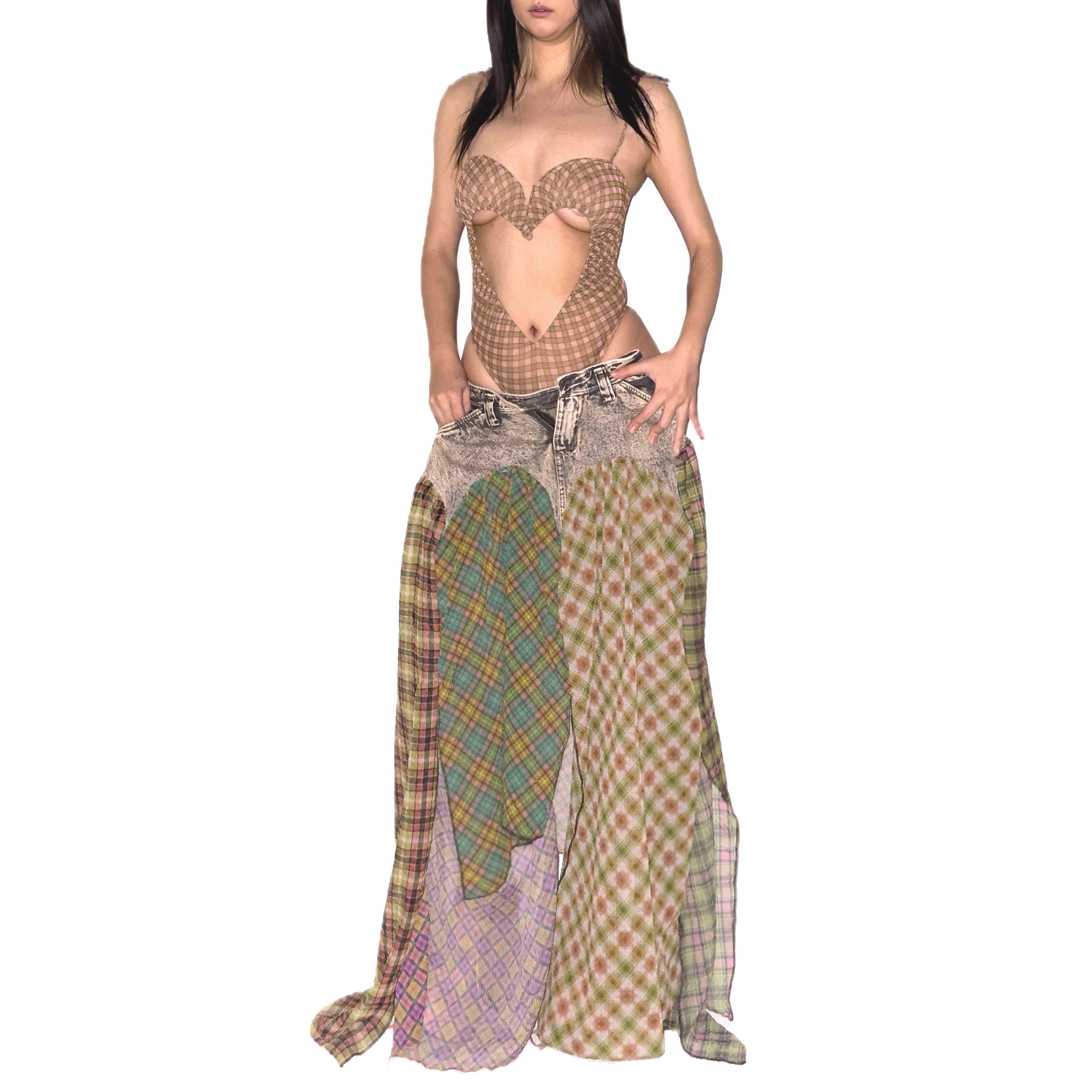 Denim Plaid Patchwork Bubble Chiffon Asymmetrical Maxi Skirt