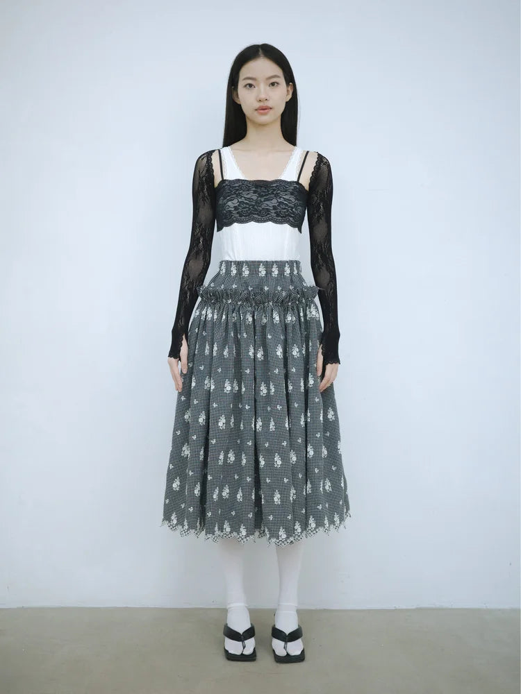 Amelia Ruffle Midi Skirt - Embroidered Check