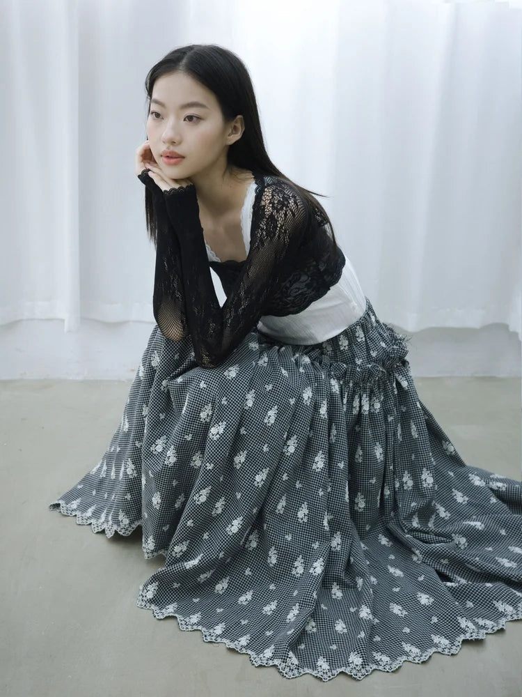 Amelia Ruffle Midi Skirt - Embroidered Check