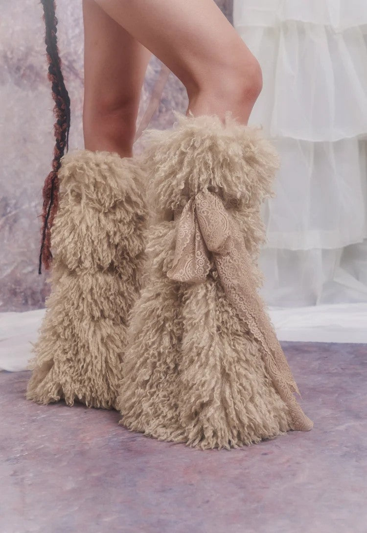 Khaki Lace Faux Fur Leg Warmers