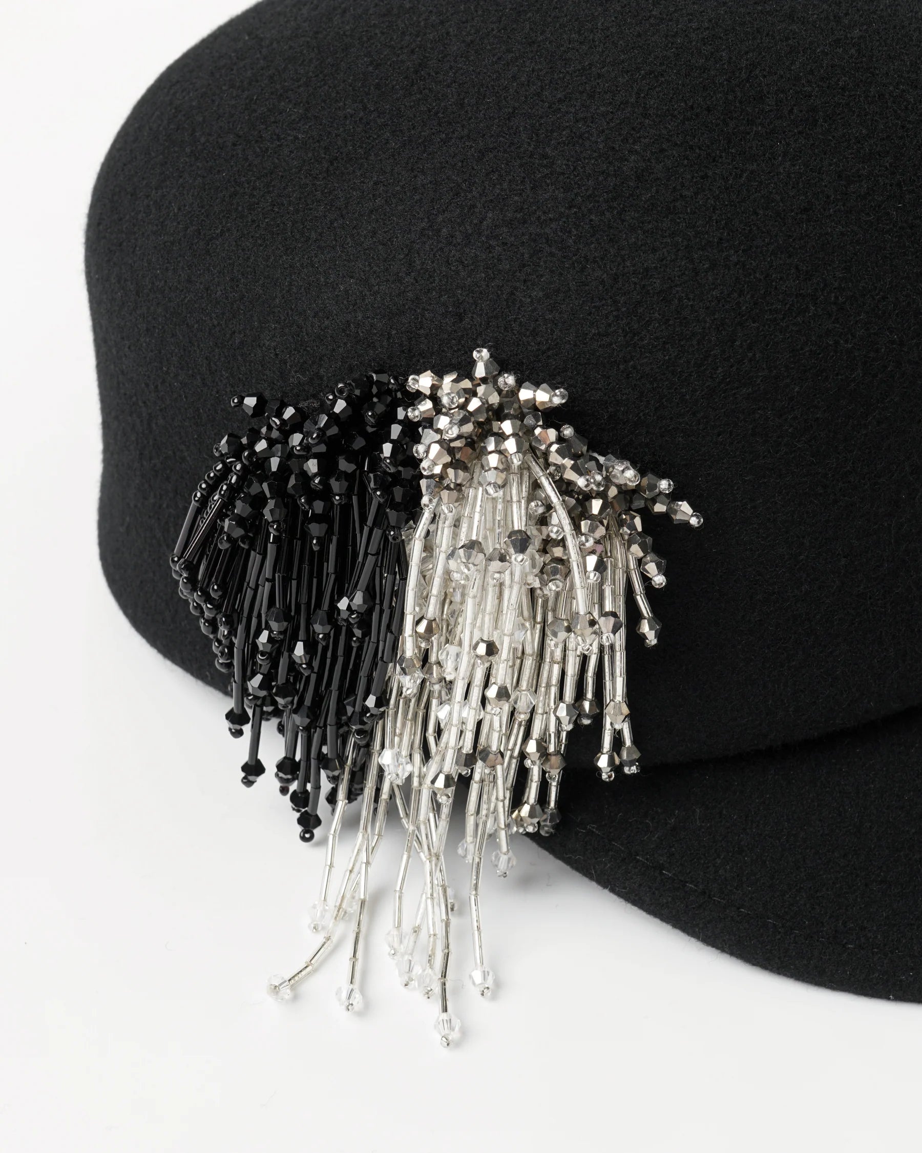 Fringe Beaded Felt Cap Black