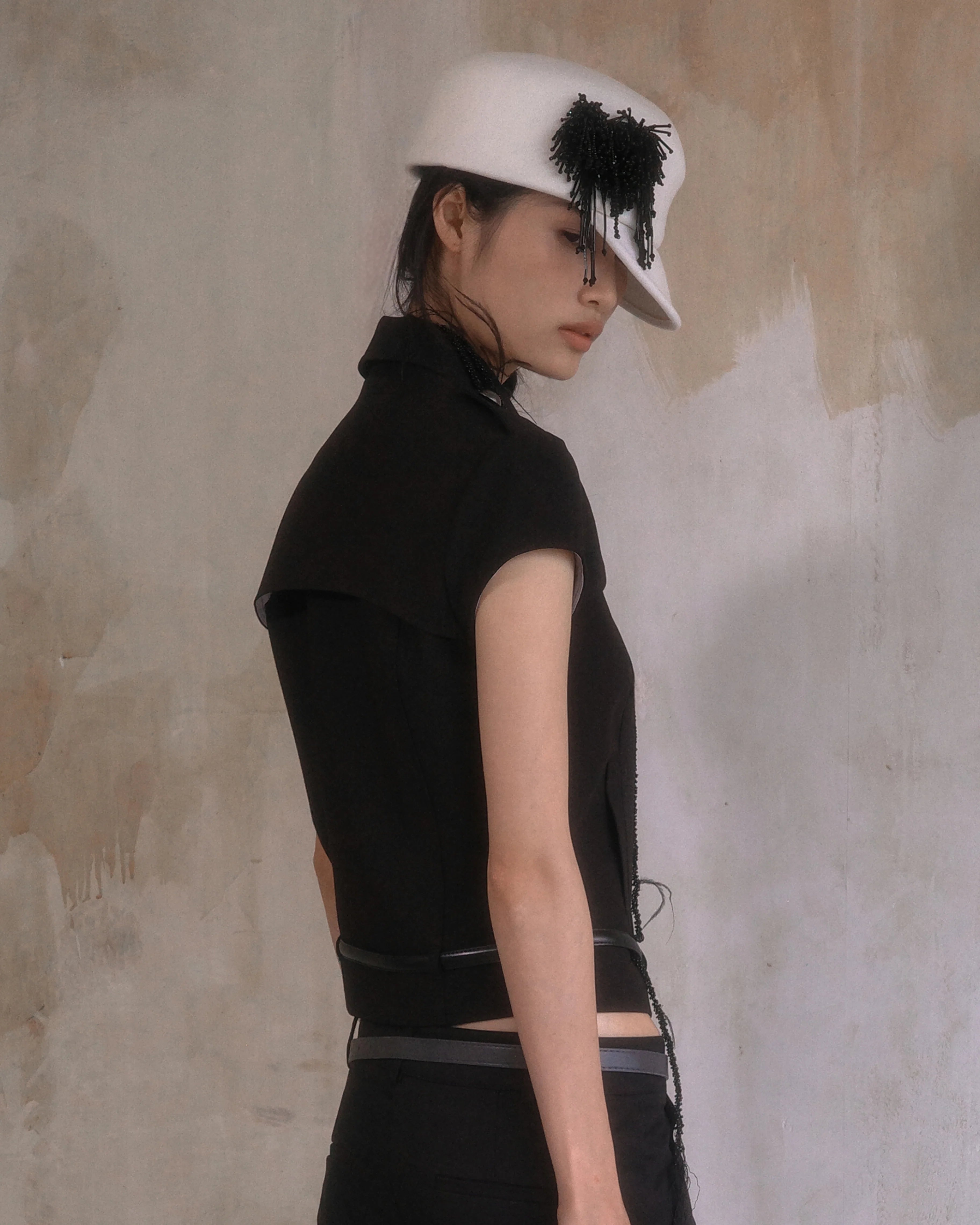 Fringe Beaded Felt Cap Black White