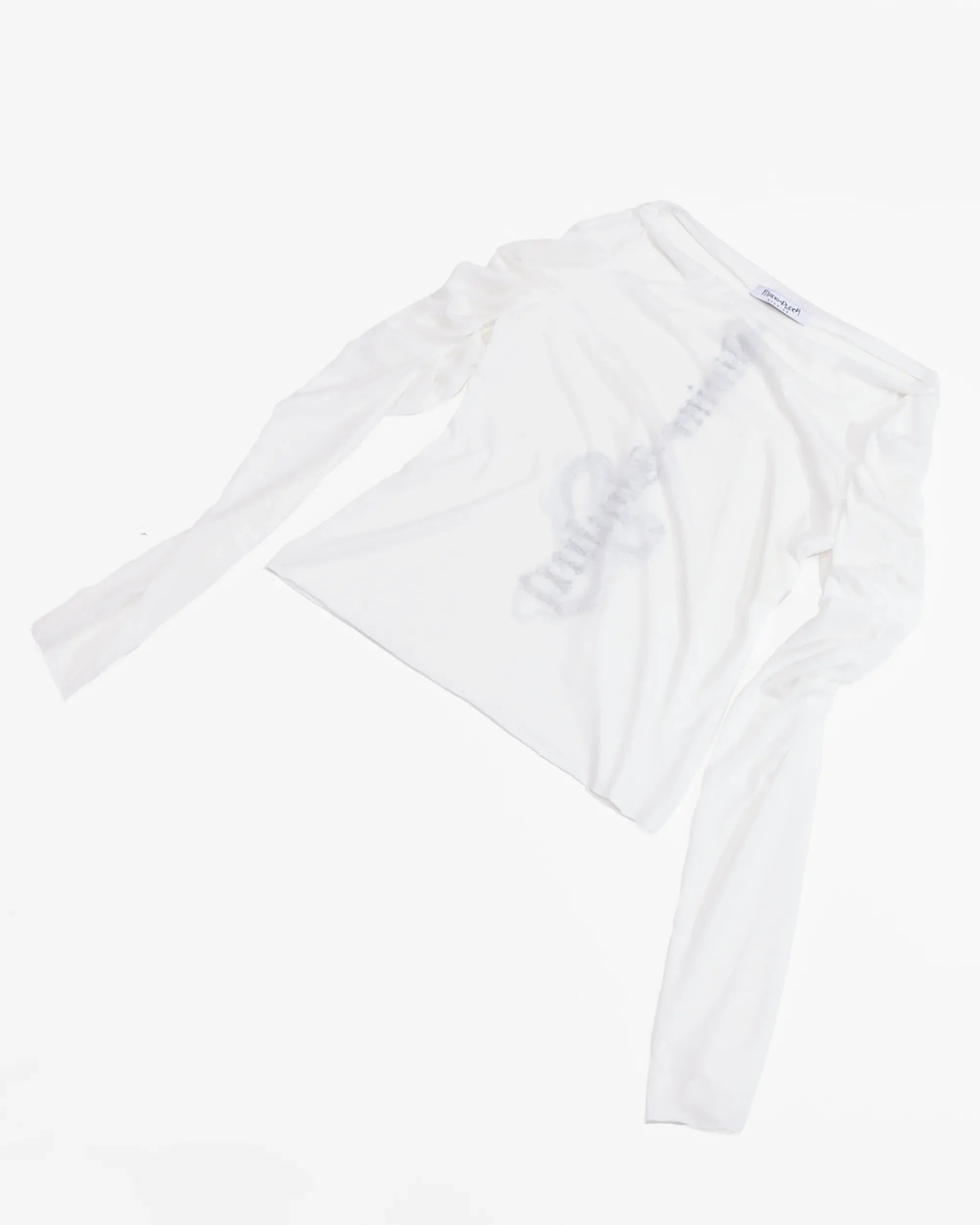 white longsleeve top with ruched sleeves and back print