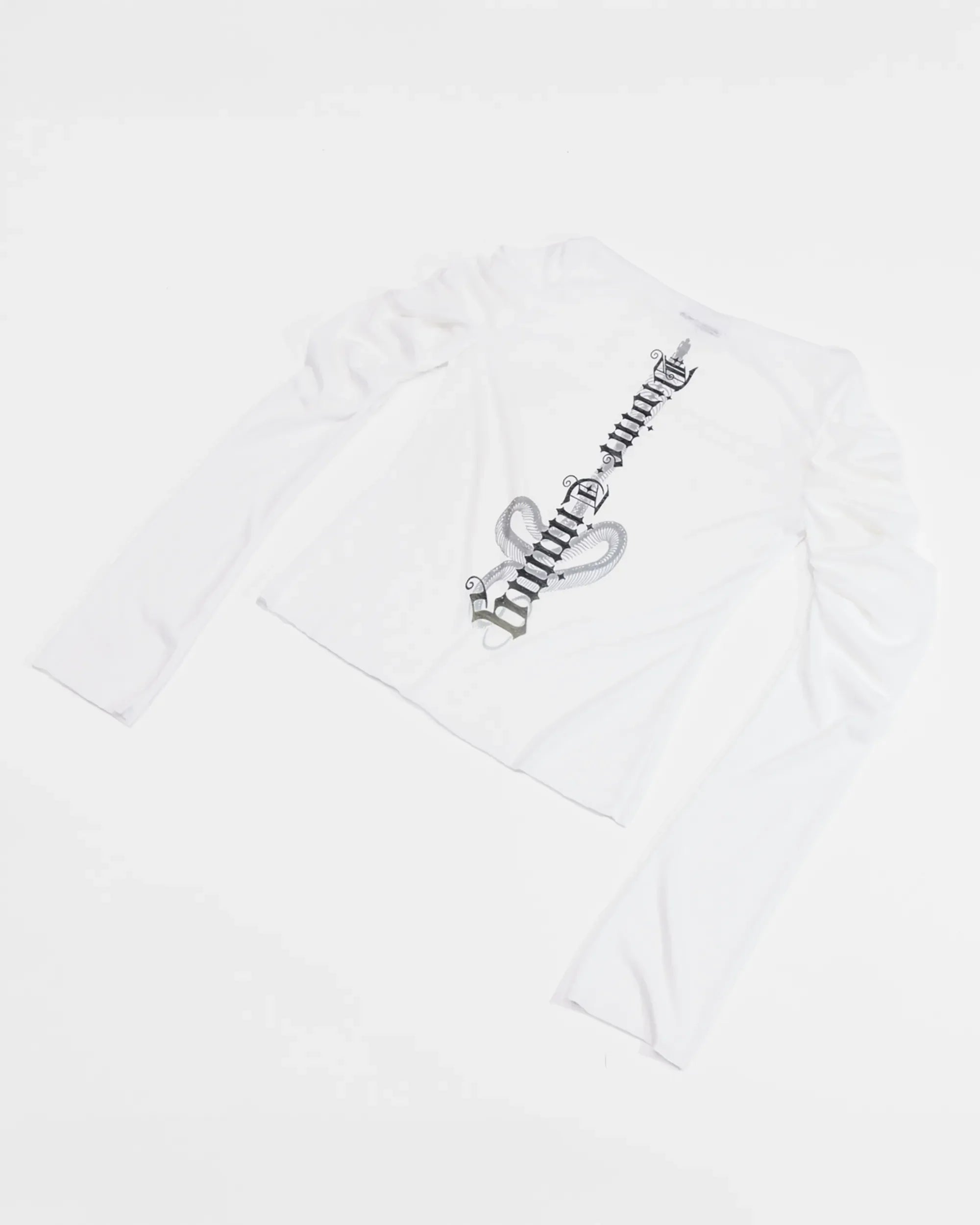 back view of white longsleeve top with ruched sleeves and back print