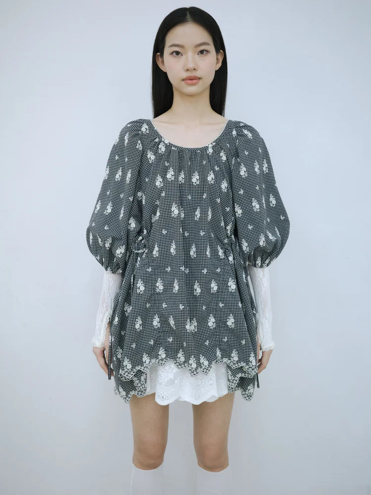 Rochelle Puff Sleeve Blouse - Embroidered Check
