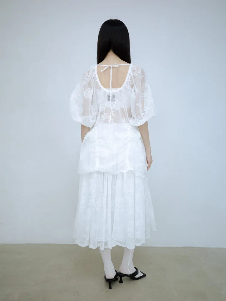 Rochelle Puff Sleeves Blouse - White Lace