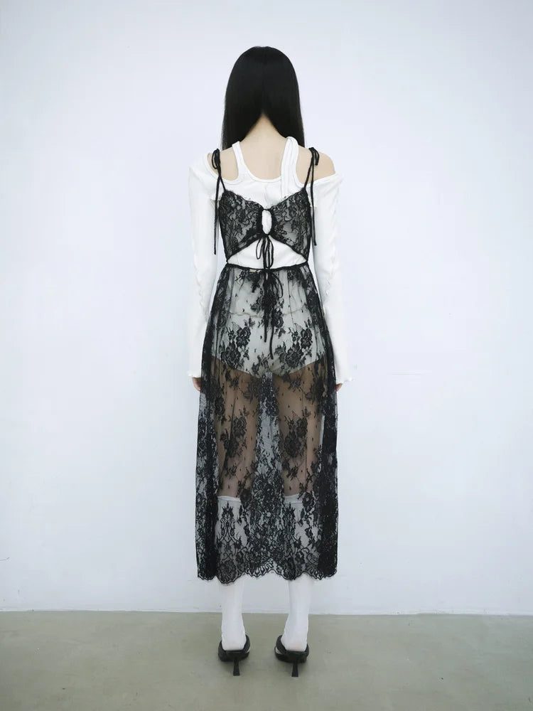 Simone Open-Back Slip Dress - Black Lace