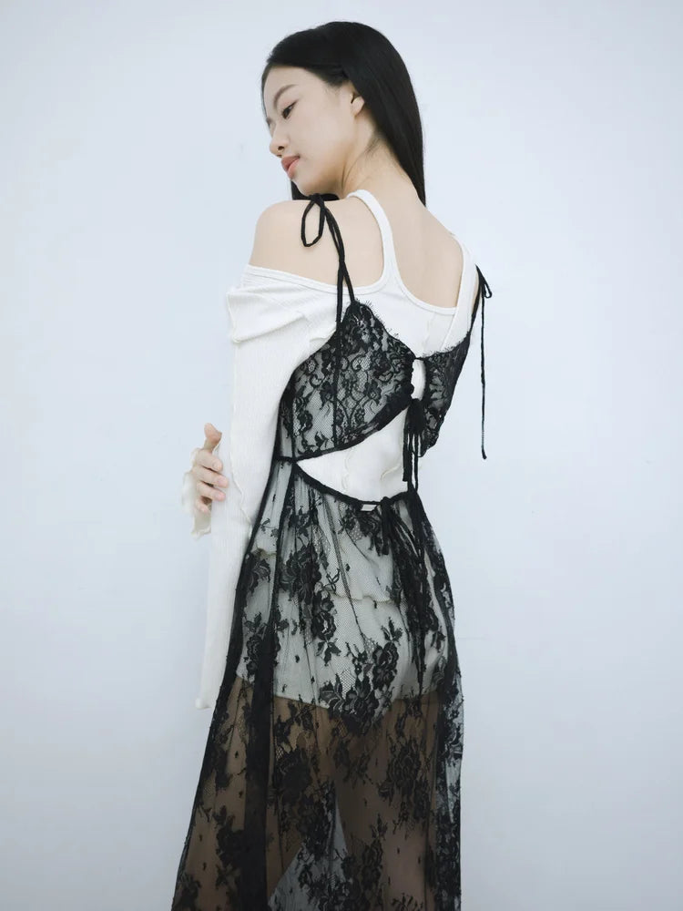 Simone Open-Back Slip Dress - Black Lace