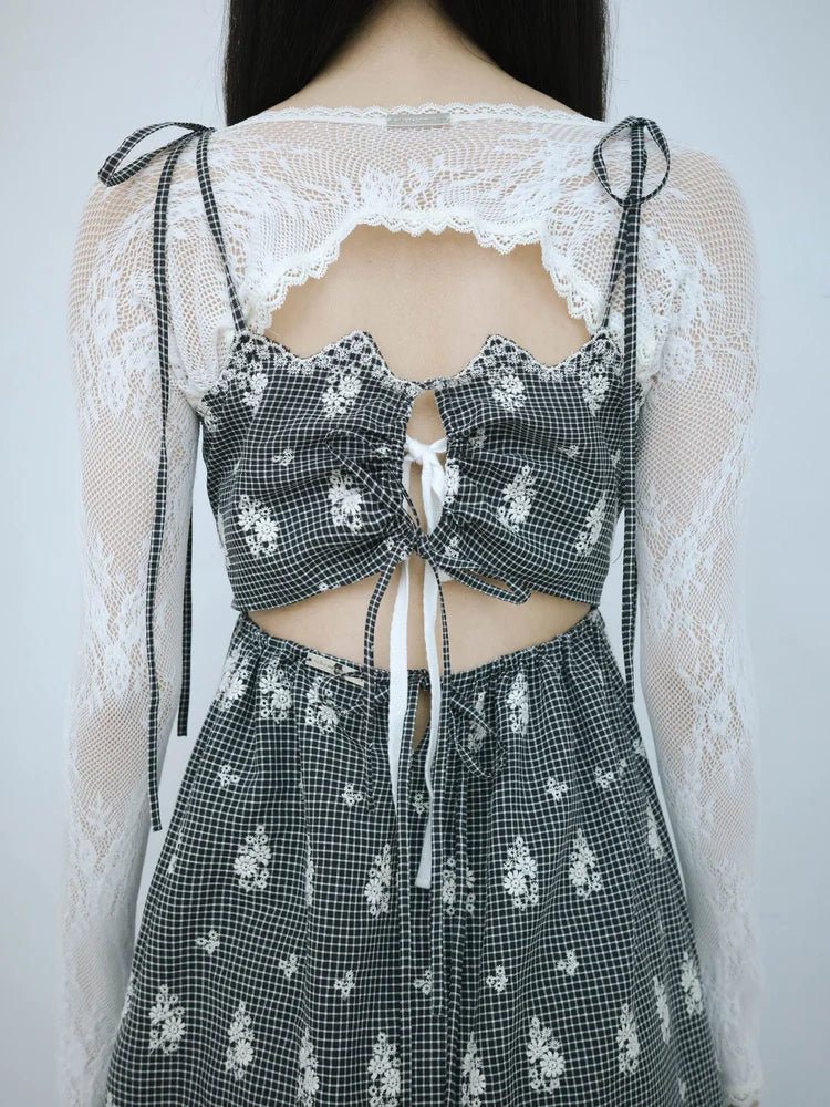 Simone Open-Back Slip Dress - Embroidered Check