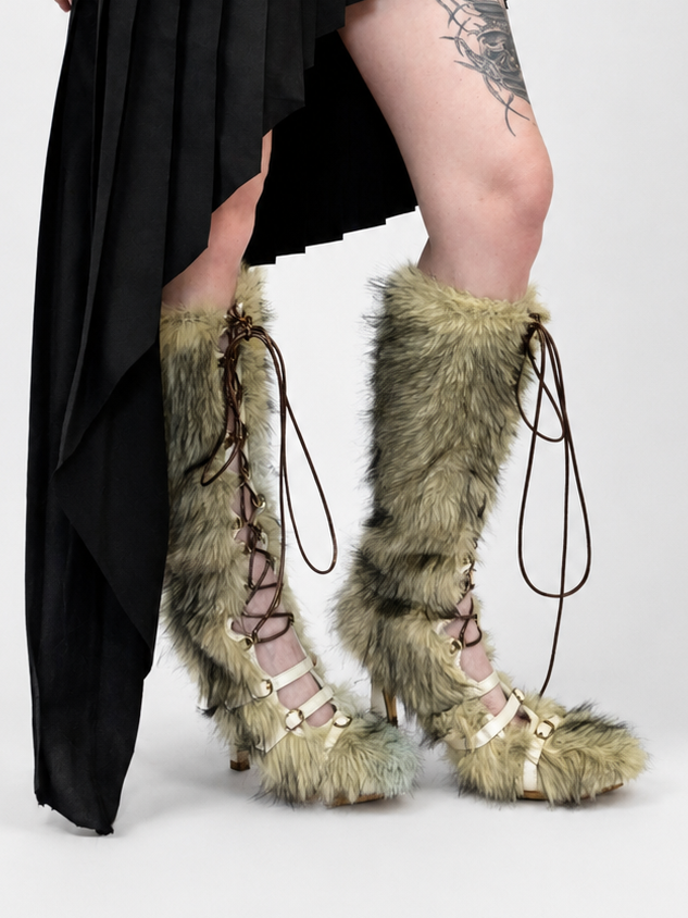 Satin Binded Lace Up Faux Fur Caterpillar Boots Straw Yellow
