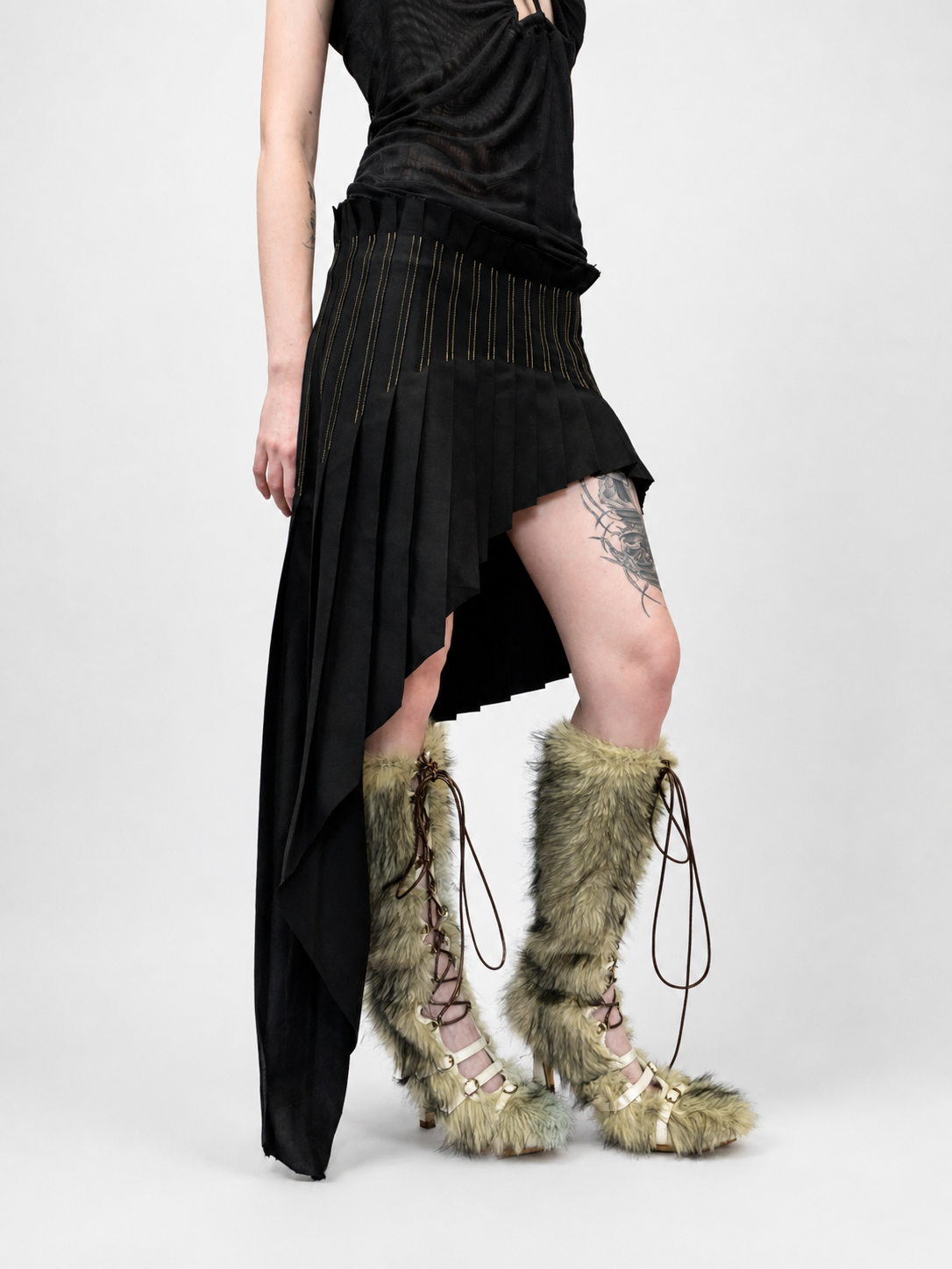 Asymmetrical Pleated Office Skirt Black