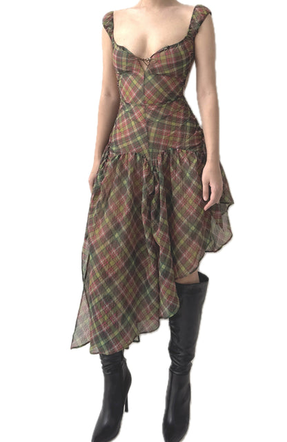 Plaid Puff Chiffon Asymmetrical Dress  [Green+Blush]