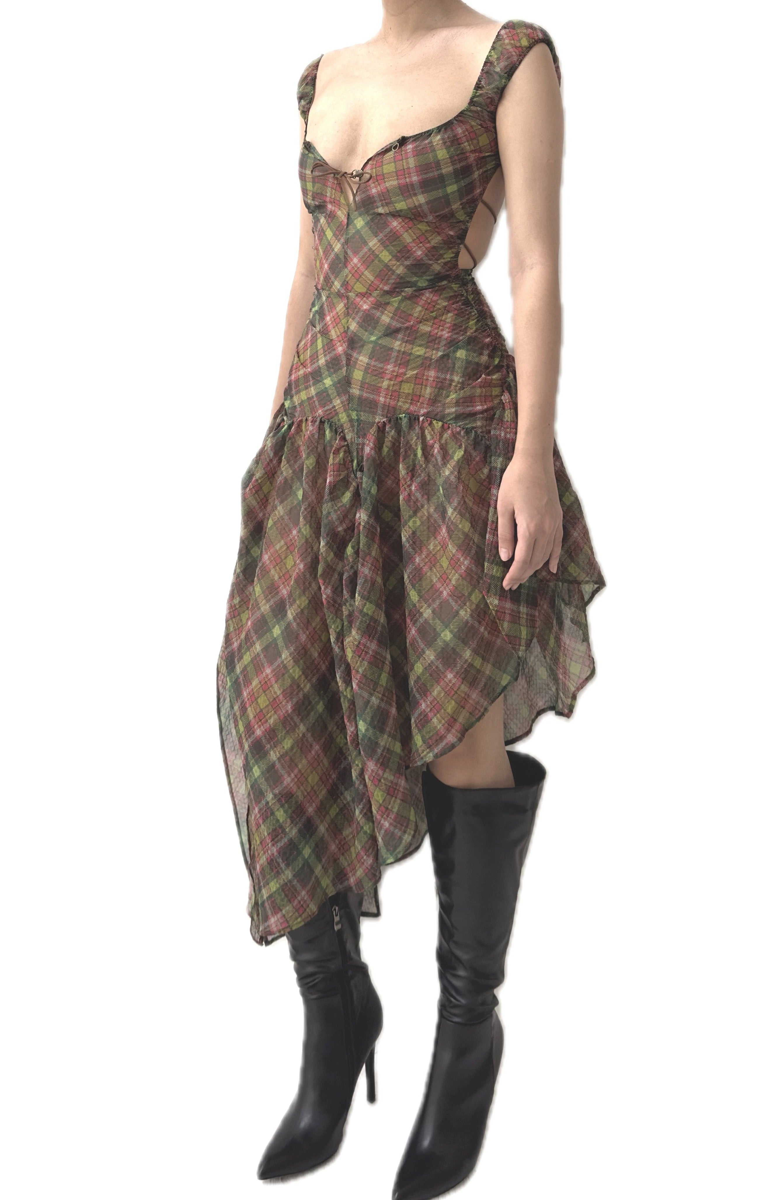 Plaid Puff Chiffon Asymmetrical Dress  [Green+Blush]