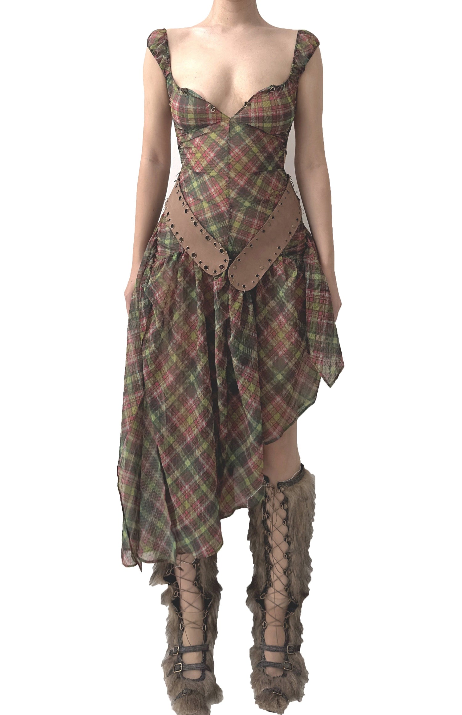 Plaid Puff Chiffon Asymmetrical Dress  [Green+Blush]