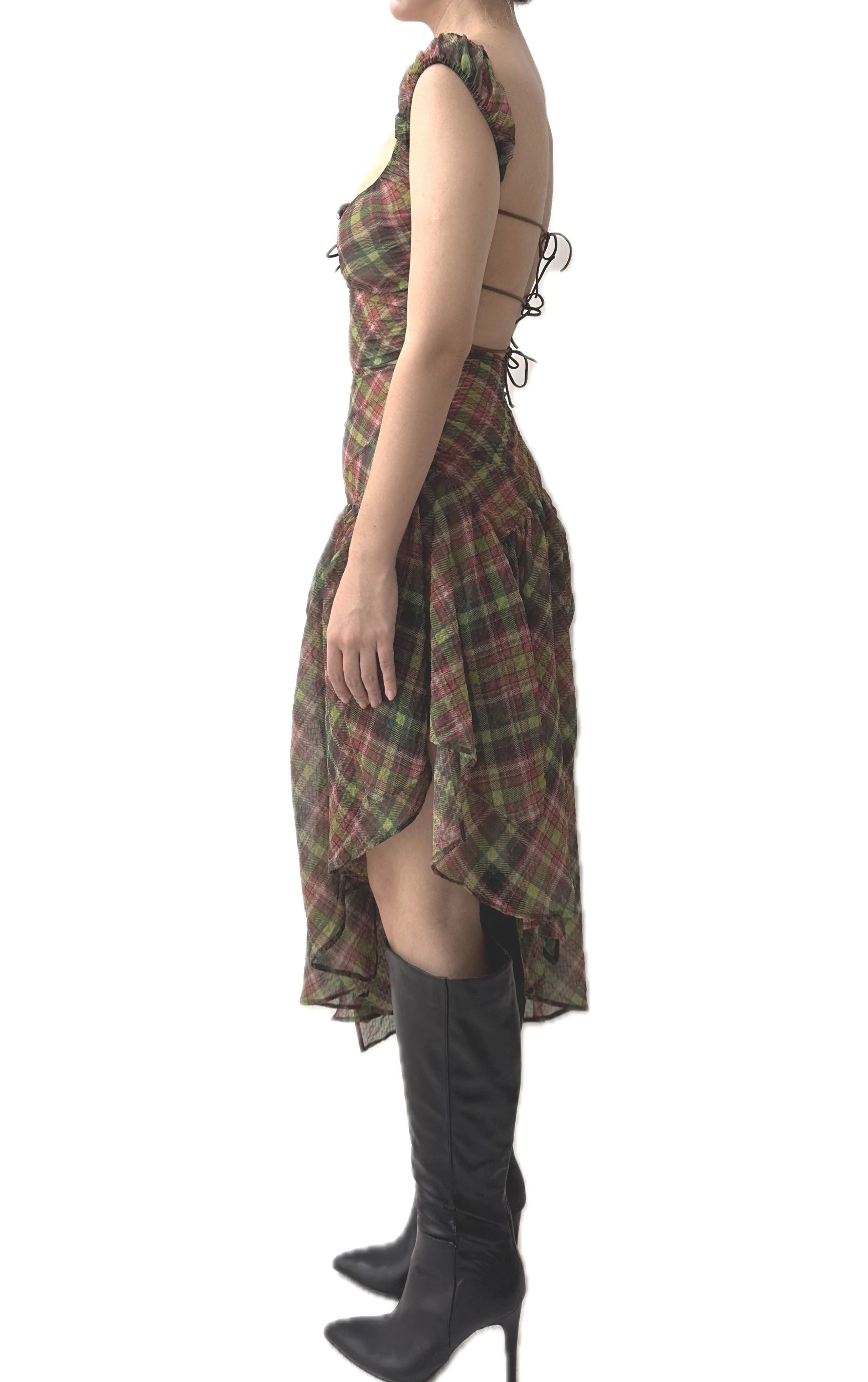 Plaid Puff Chiffon Asymmetrical Dress  [Green+Blush]