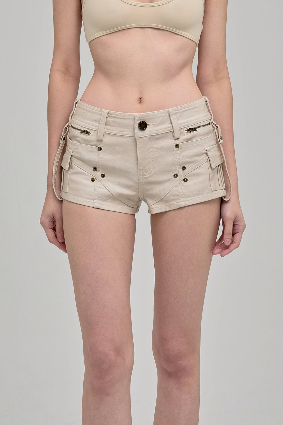 UTILITY MINI SHORTS WITH ZIPPERS BEIGE FRONT