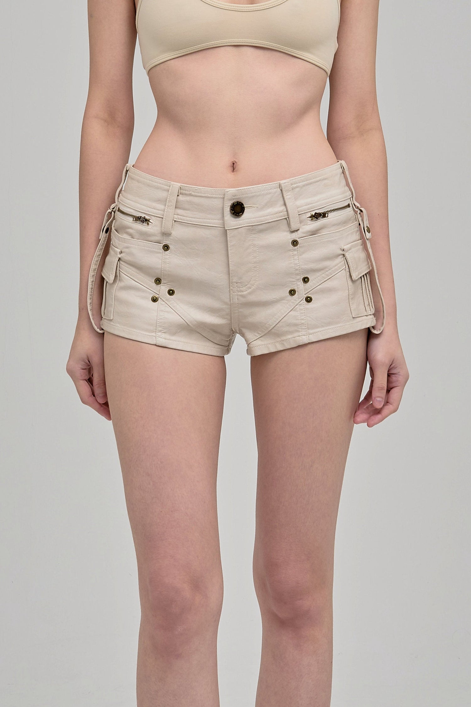 UTILITY MINI SHORTS WITH ZIPPERS BEIGE FRONT