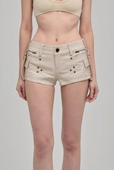 UTILITY MINI SHORTS WITH ZIPPERS BEIGE FRONT