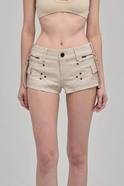 UTILITY MINI SHORTS WITH ZIPPERS BEIGE FRONT