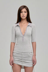 TUTOR DEEP V STRIPED POLO TOP GREY FRONT