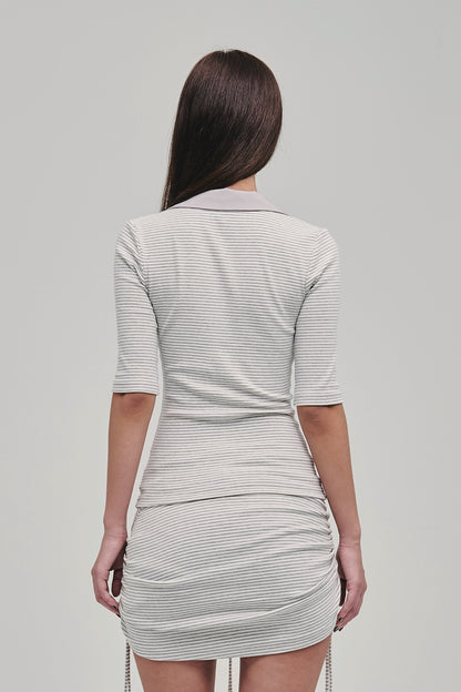 TUTOR DEEP V STRIPED POLO TOP GREY BACK