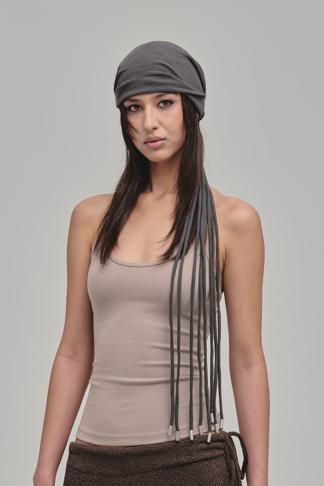 WHIP SLOUCHY BEANIE WITH LONG STRAPS GREY FRONT