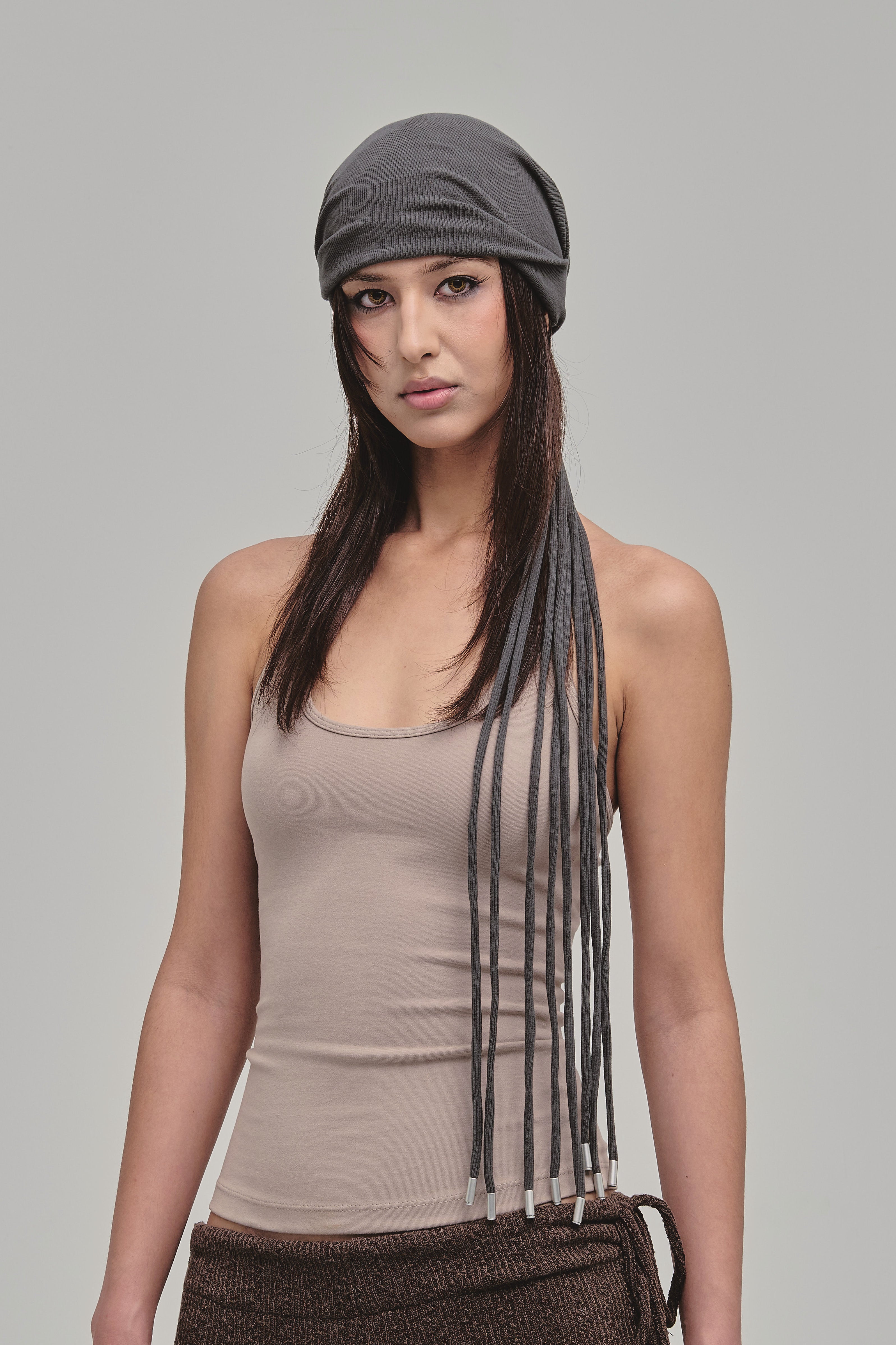 WHIP SLOUCHY BEANIE WITH LONG STRAPS GREY FRONT
