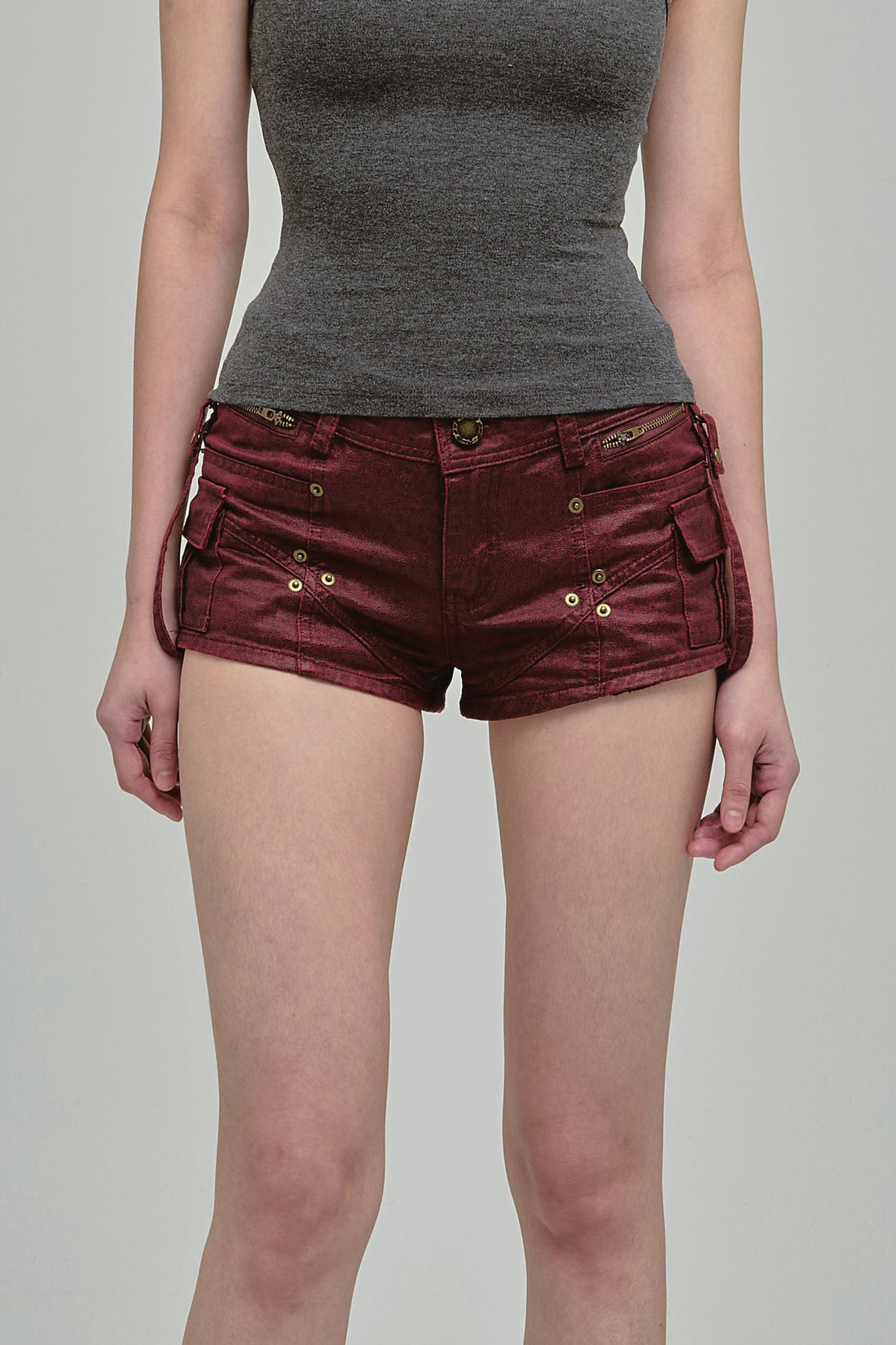 UTILITY MINI SHORTS WITH ZIPPERS MAROON FRONT