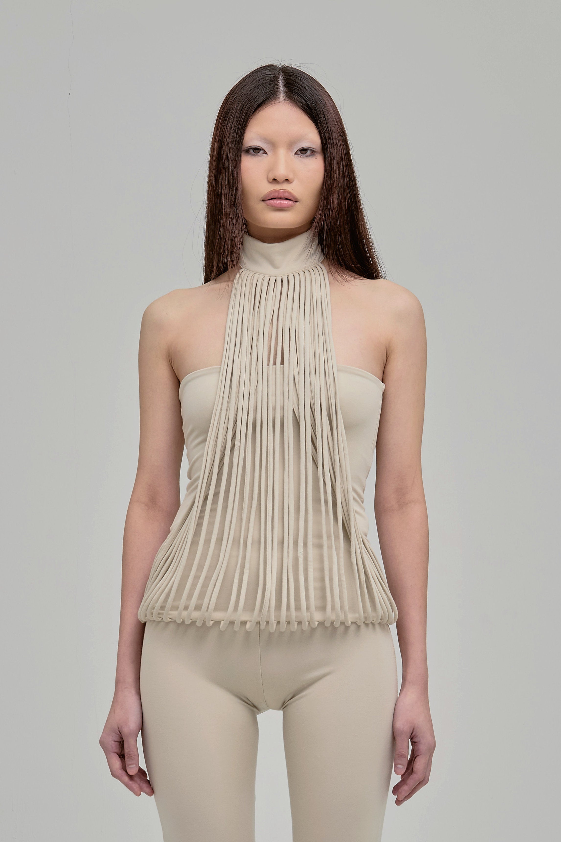 Ghostboy spaghetti strap tube top with high neck choker in beige