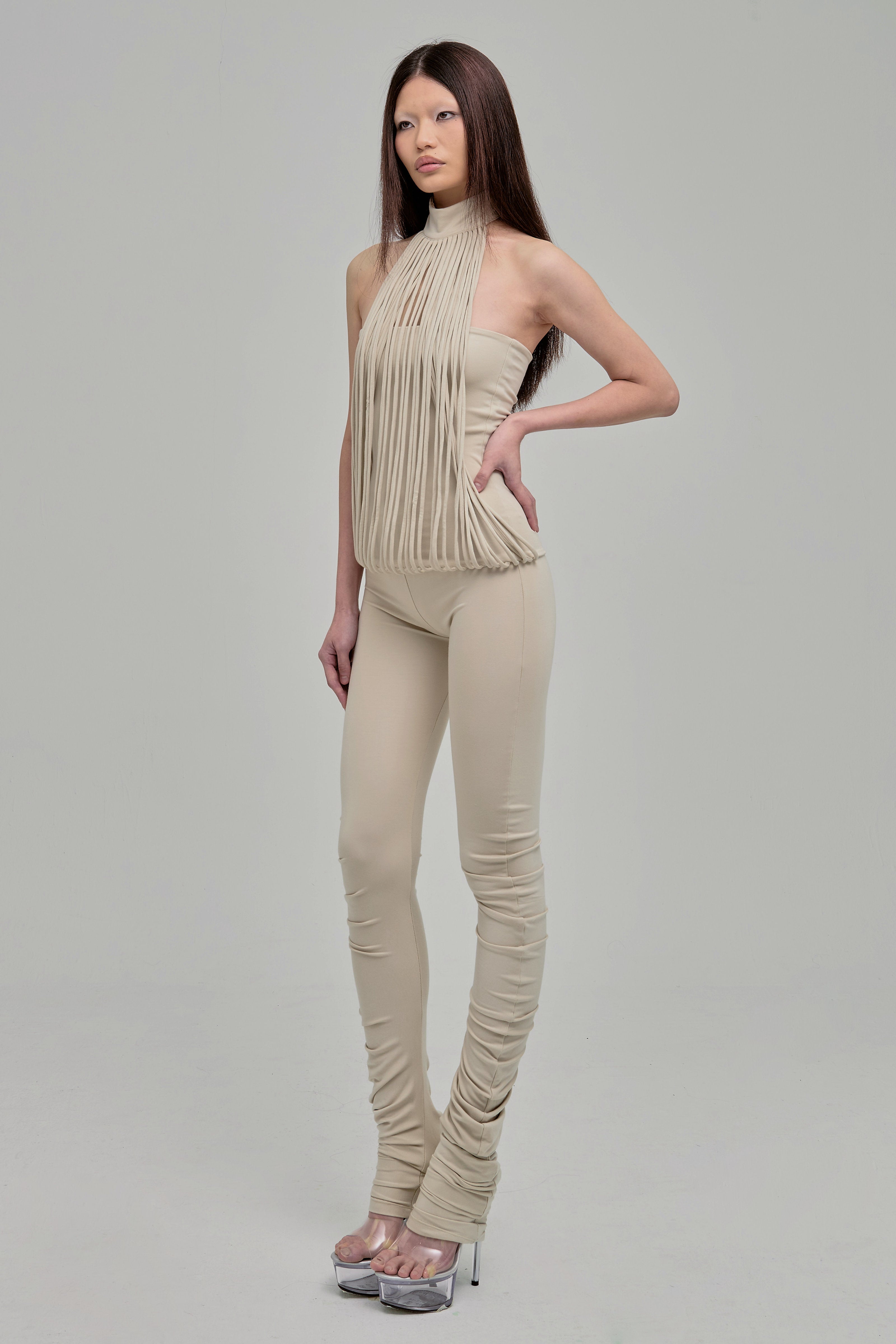 Ghostboy spaghetti strap tube top with high neck choker in beige