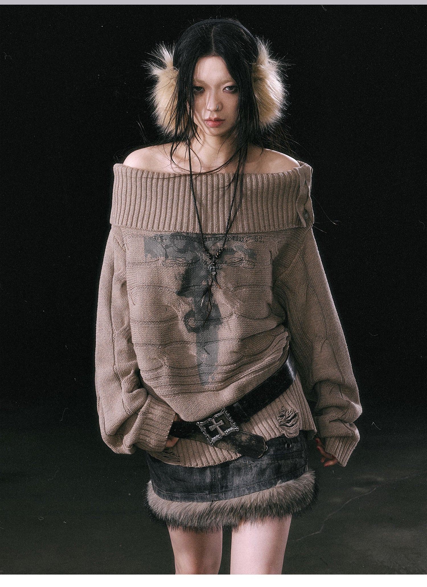 Khaki Shawl-collar Sweater