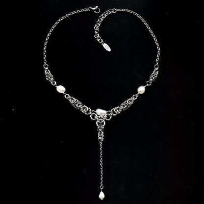 Angelic Pearl Drop. Chainmail Necklace.