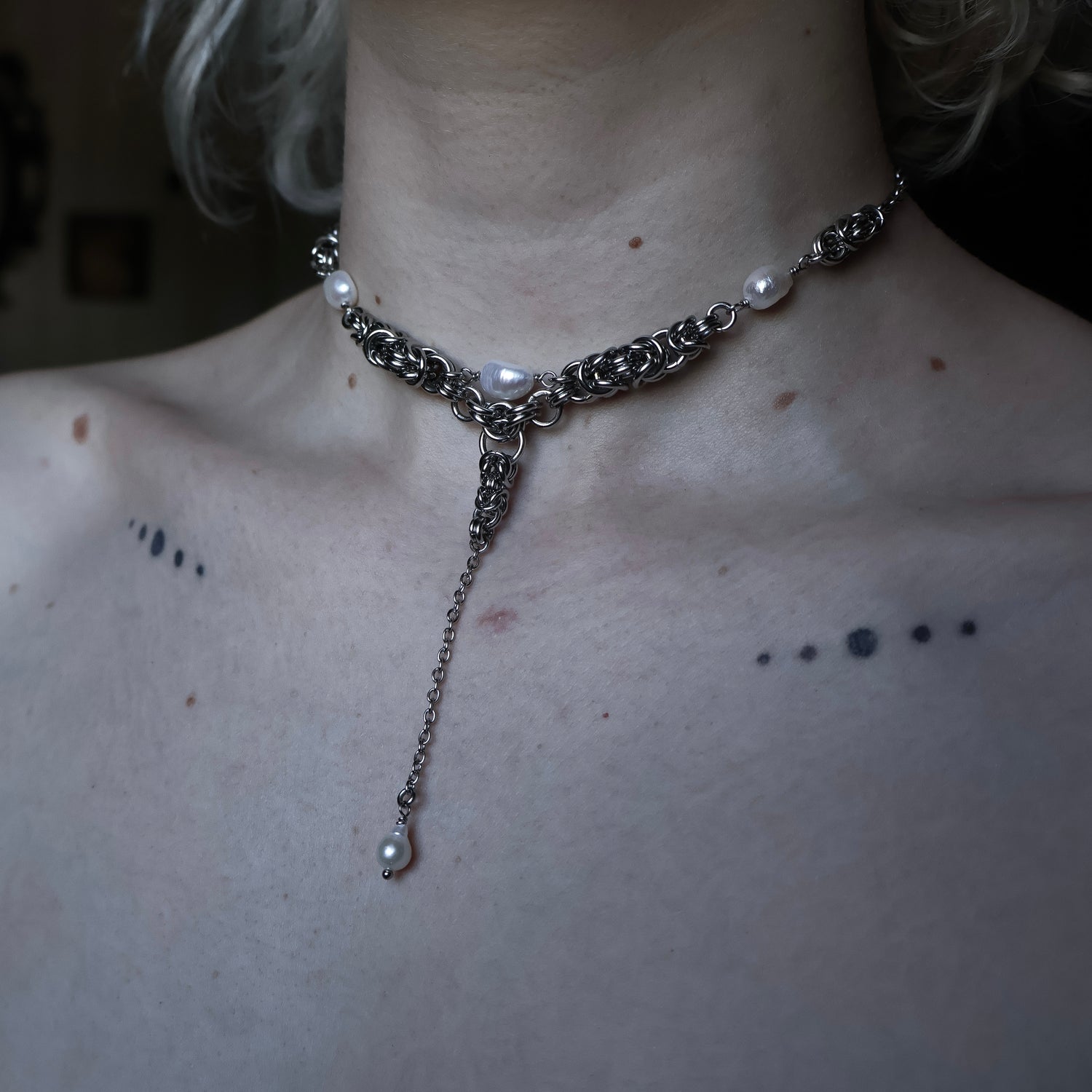 Angelic Pearl Drop. Chainmail Necklace.