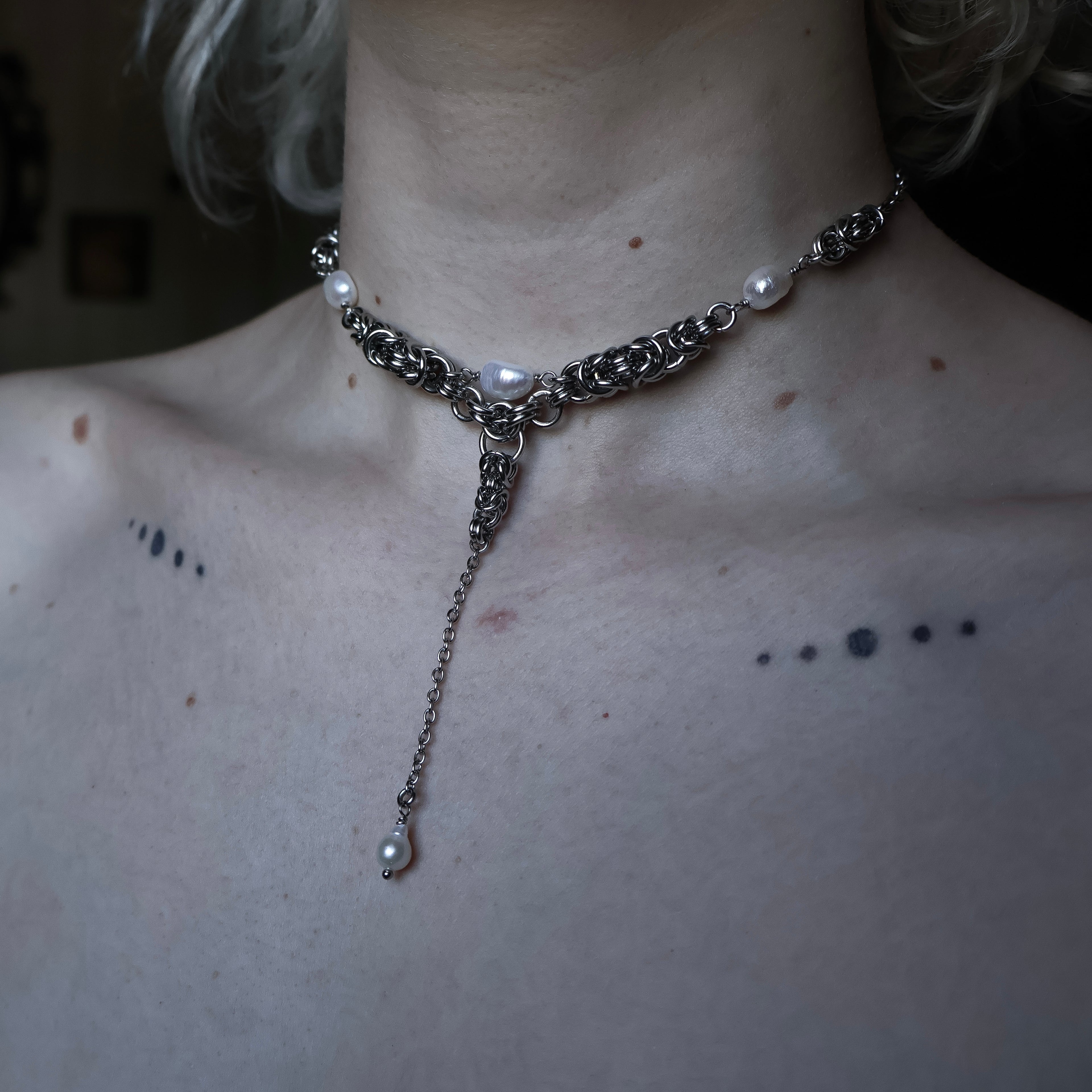 Angelic Pearl Drop. Chainmail Necklace.