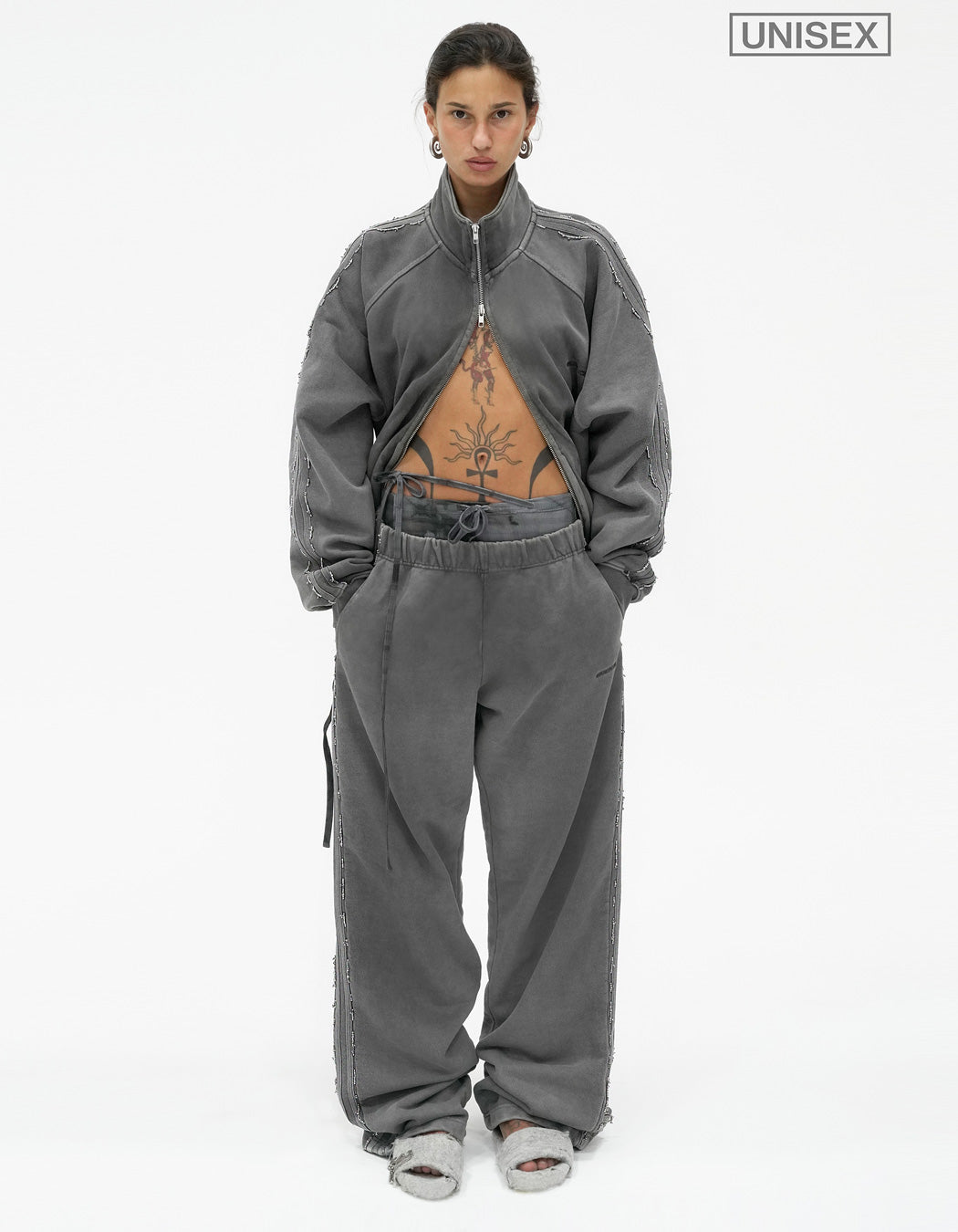 Beaded Track Pants in Washed Grey