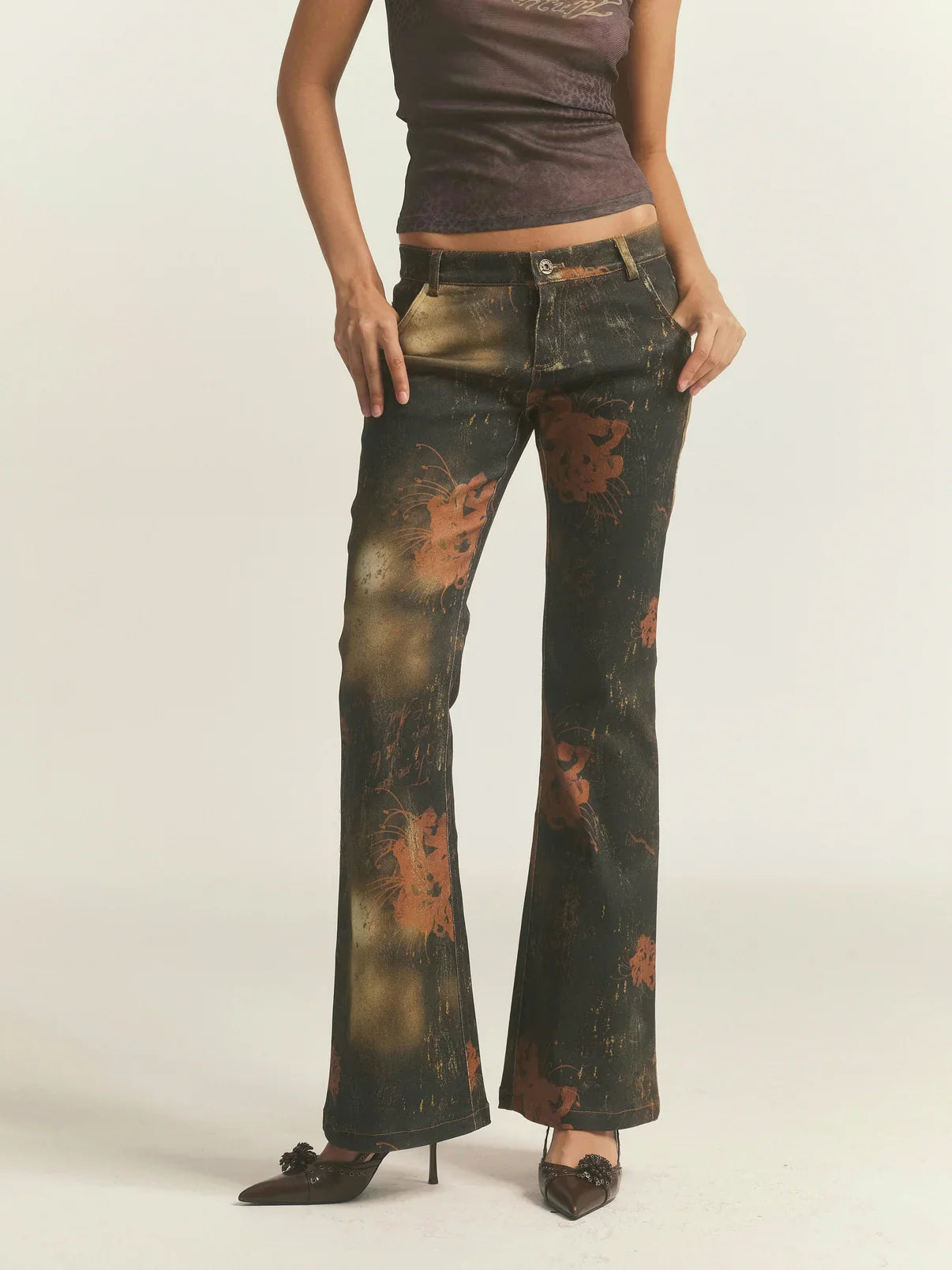 Black Floral Leopard Print Flare Jeans