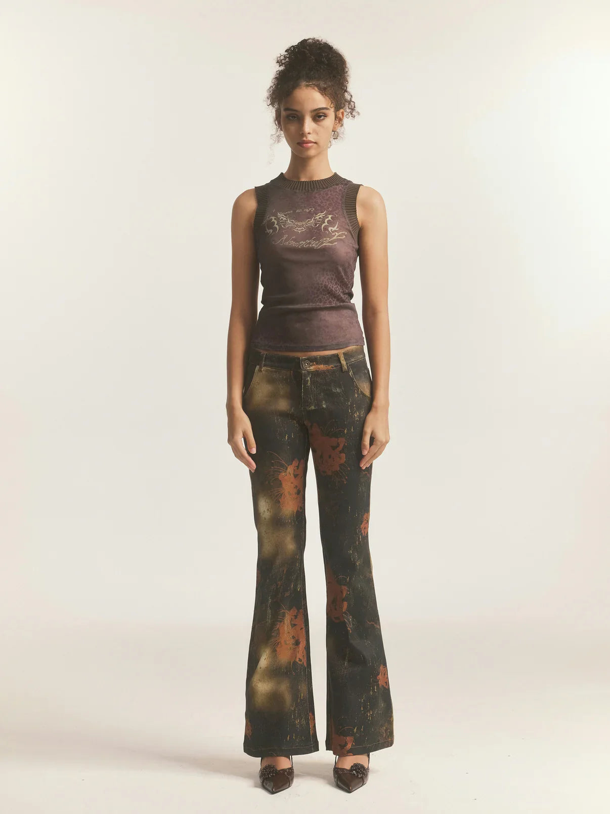 Black Floral Leopard Print Flare Jeans