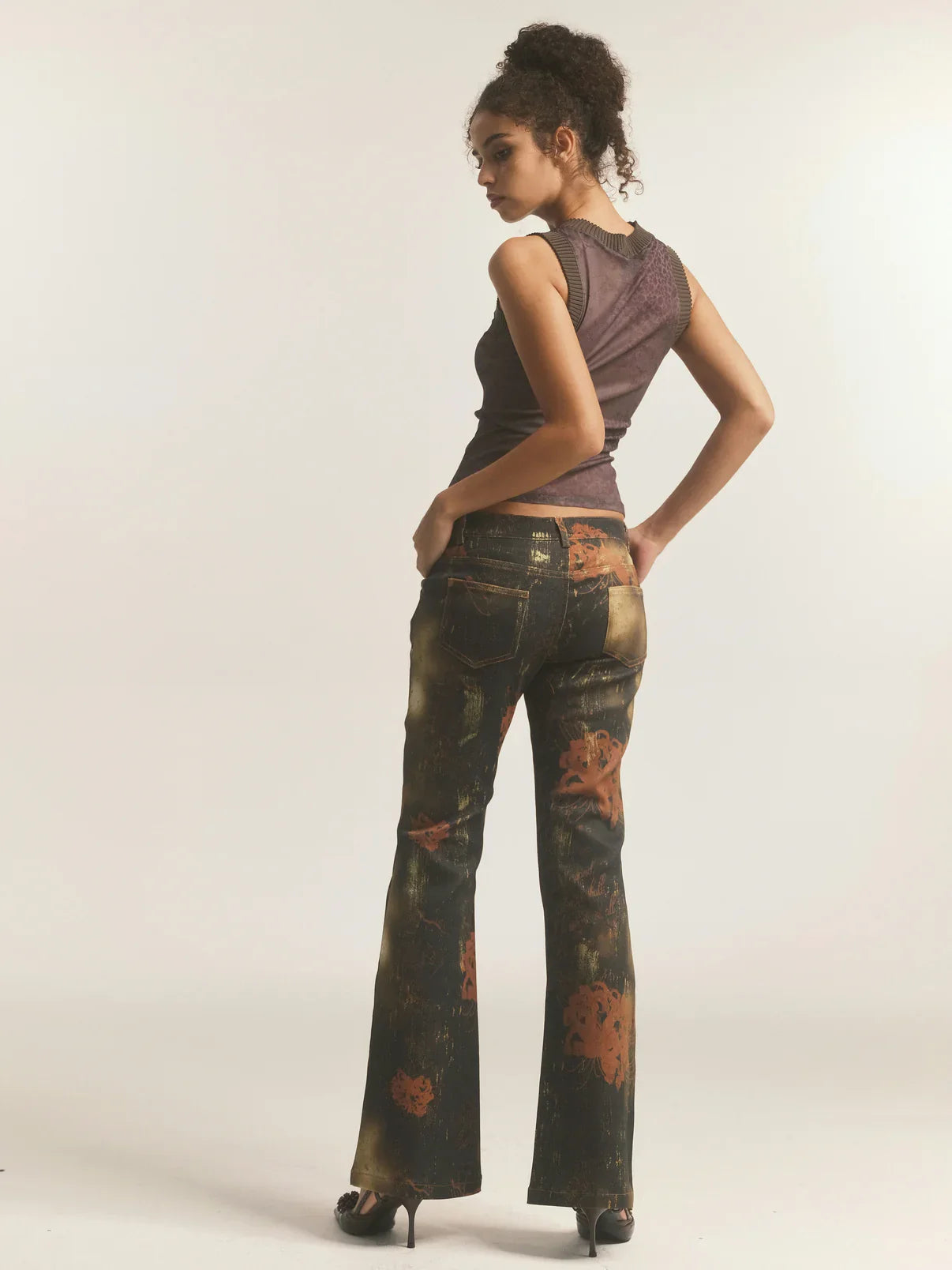 Black Floral Leopard Print Flare Jeans