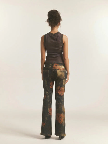 Black Floral Leopard Print Flare Jeans