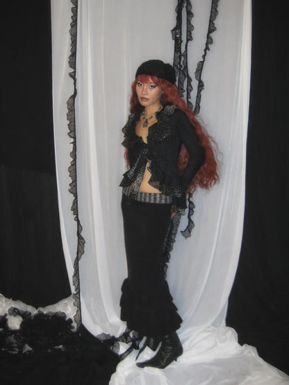 Black Ruffled Knit Cardigan