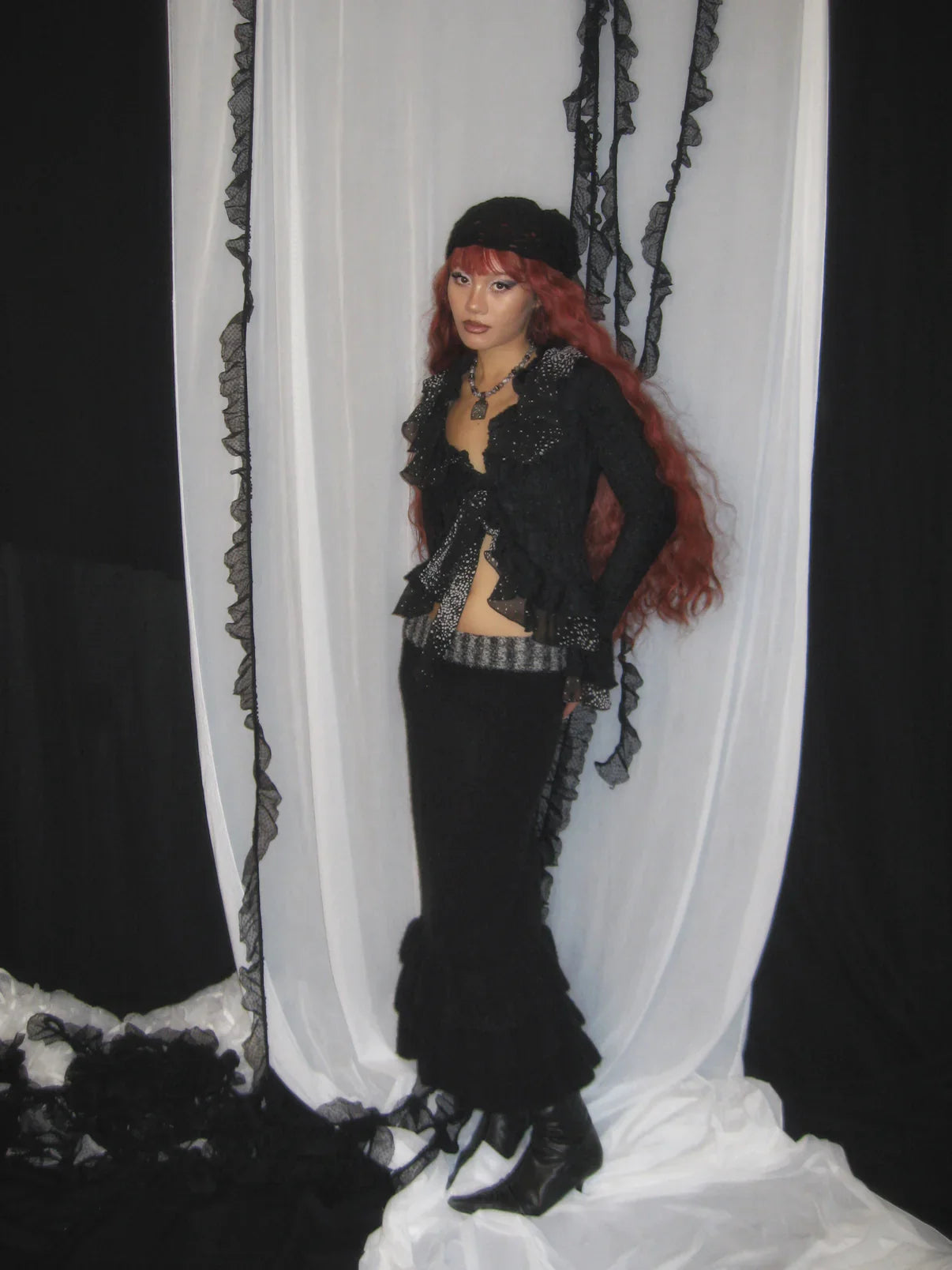 Black Ruffled Knit Cardigan